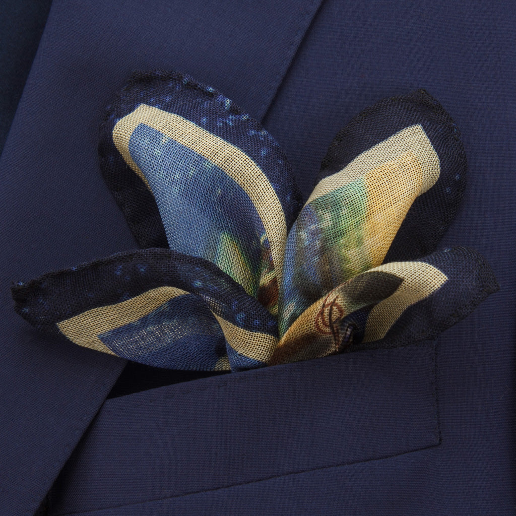 Race Car Driver in Blue, Red, Brown, and Gold Pocket Square