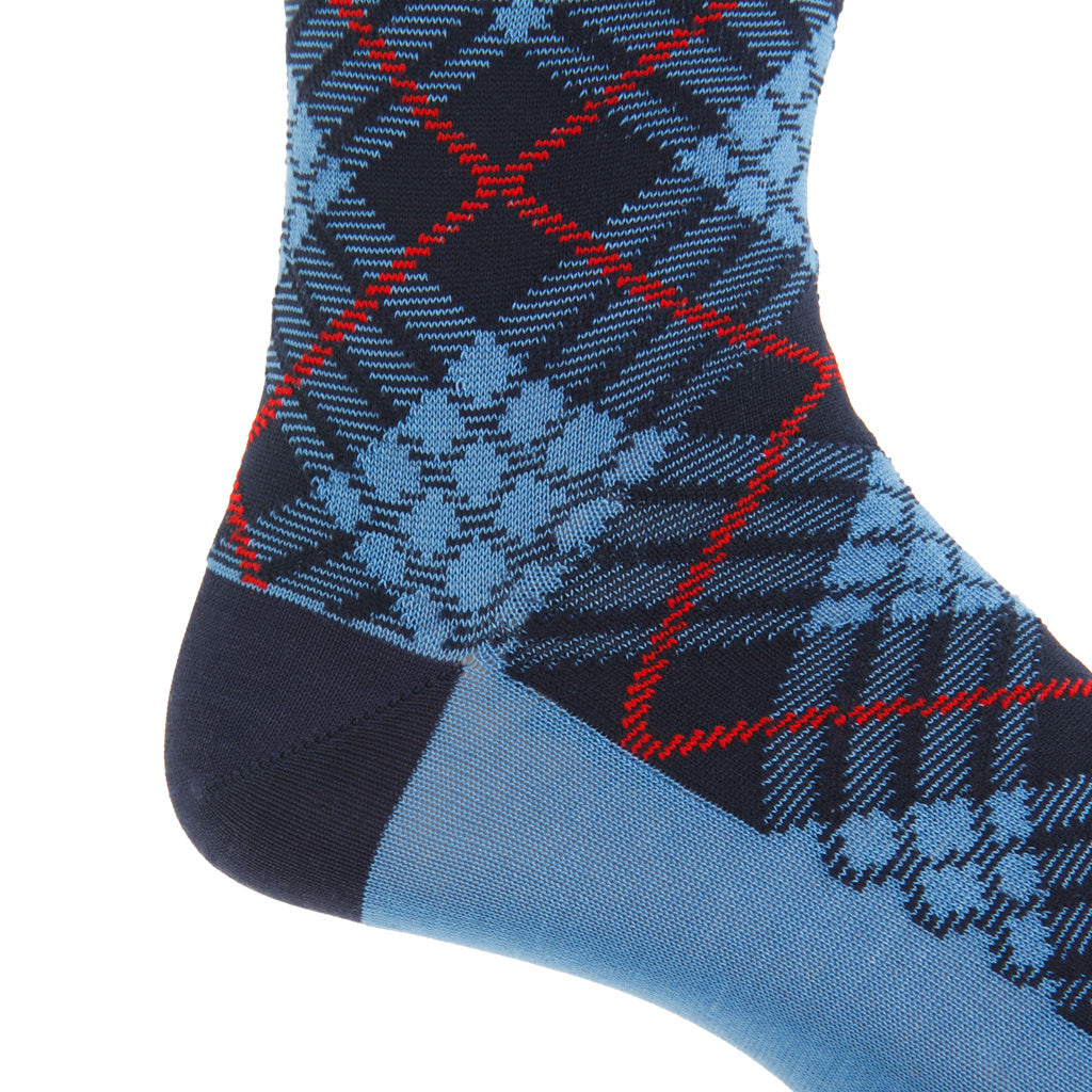 Azure with Classic Navy and Red Tartan with Navy Tipping Cotton Sock  Linked Toe OTC