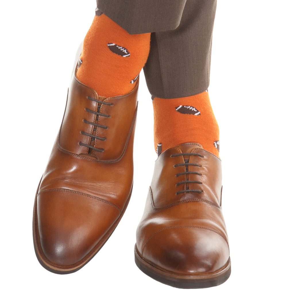 Burnt Orange with Coffee Brown Football Fine Merino Wool Over-the-Calf Sock