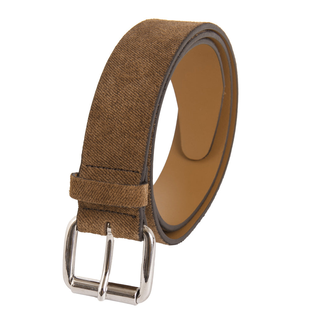 Tobacco Suede Italian Leather Belt with Nickel Roller Buckle