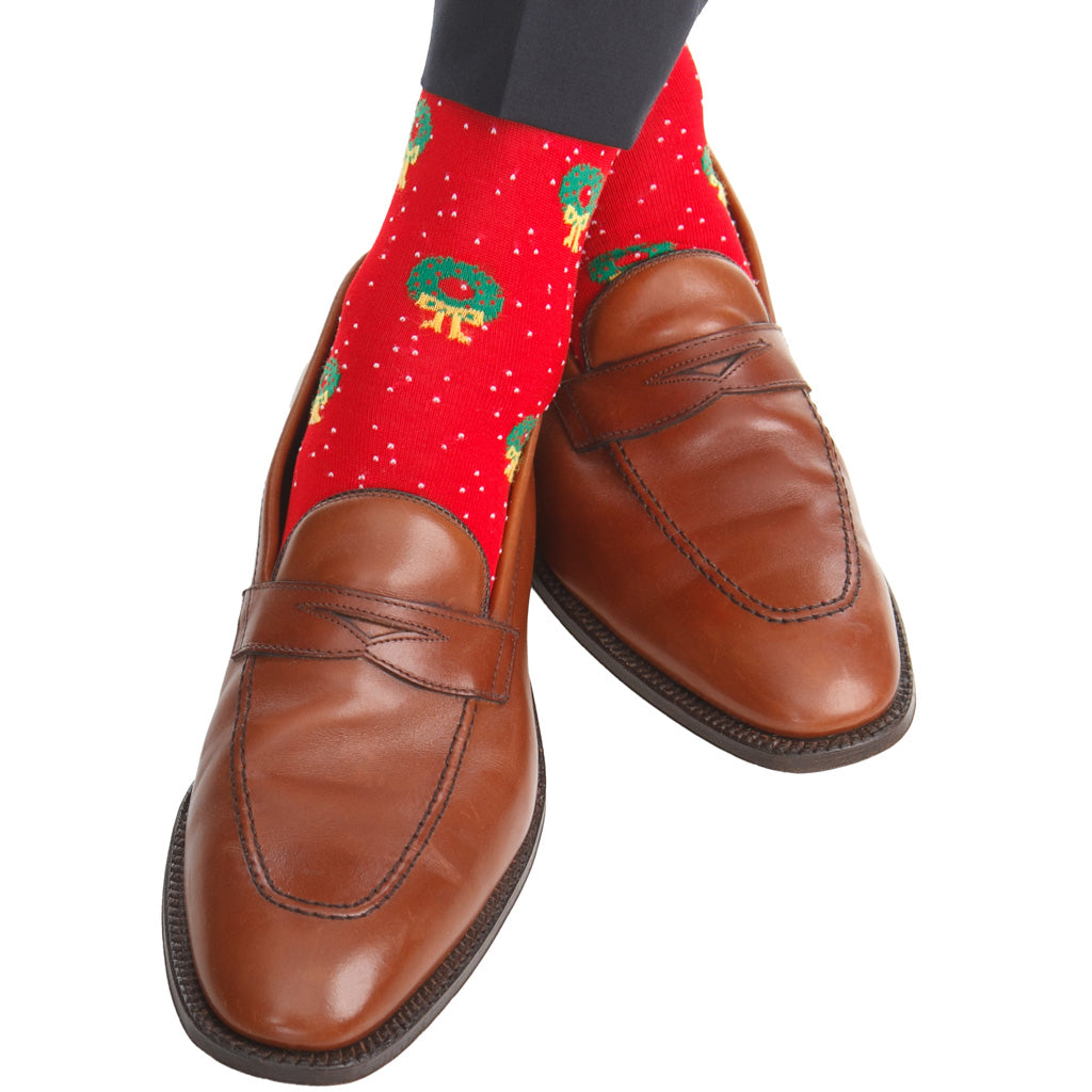 Red with Holiday Wreaths &amp; White Pin Dots Cotton Over-the-Calf Sock