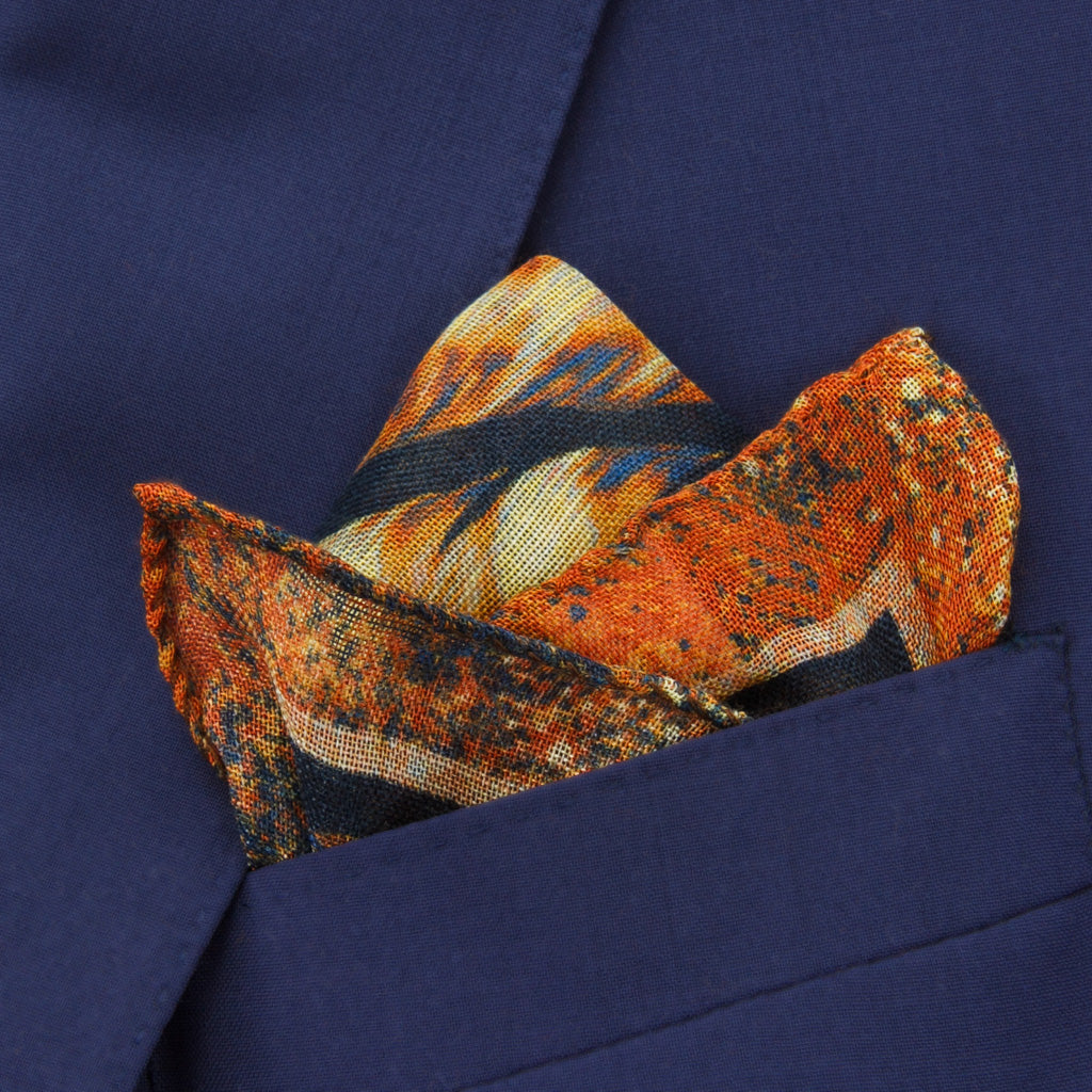 Navy, Rust, &amp; Tan Feather Pocket Square