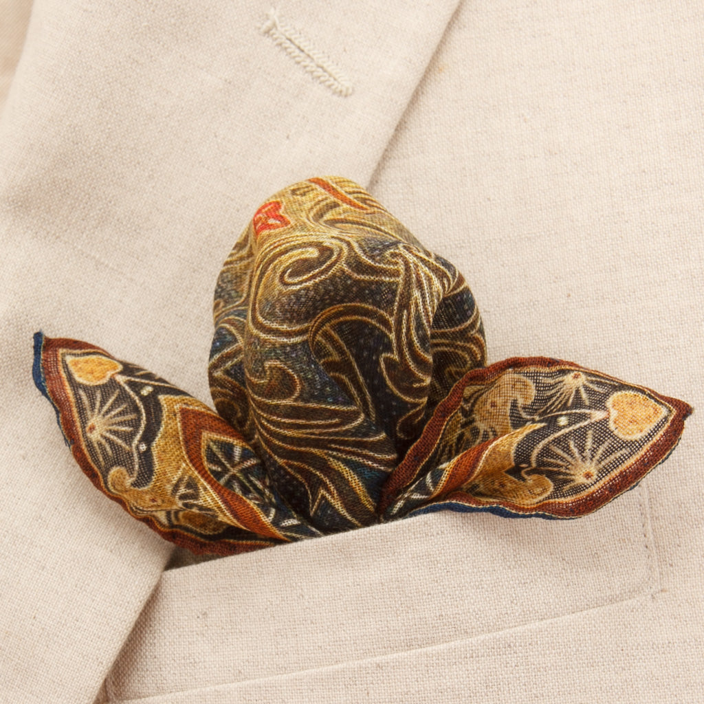 Fancy Firenze Neat in Navy &amp; Forest Green with Gold Border Pocket Square