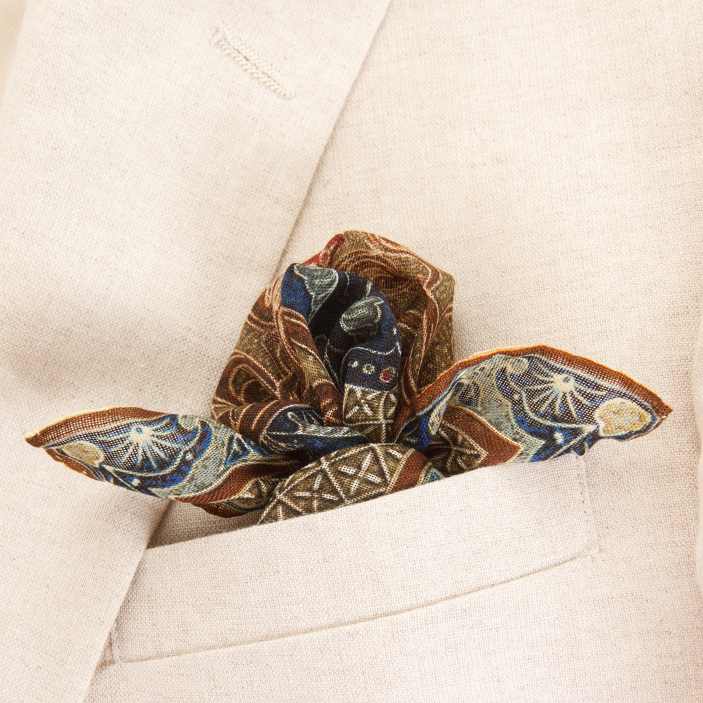 Fancy Firenze Neat in Navy, Rust, &amp; Sage with Mint Border Pocket Square
