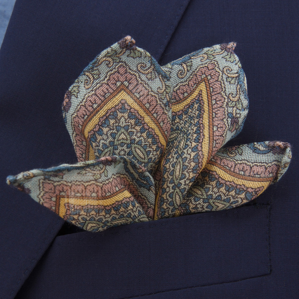 Paisley in Taupe, Sky Blue, Peach, and Bay Pocket Square
