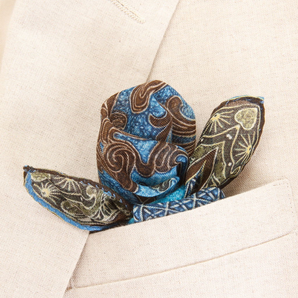 Fancy Firenze Neat in Azure, Coffee, &amp; Navy with Forest Green Border Pocket Square