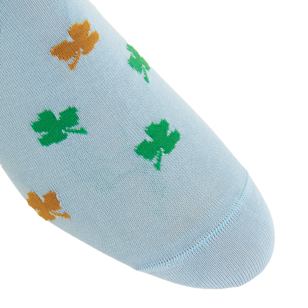 Sky Blue with Green and Gold Shamrock Cotton Mid-Calf Sock
