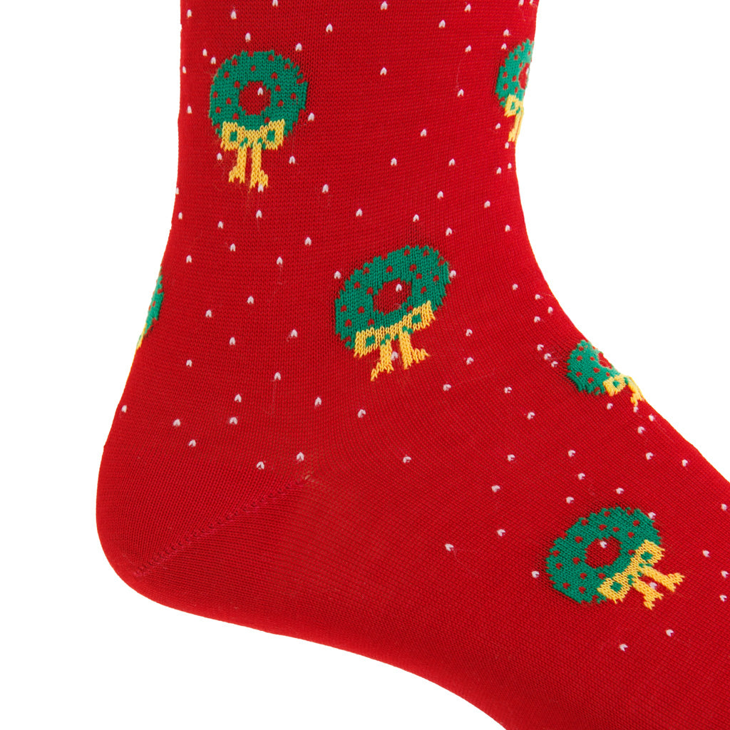 Red with Holiday Wreaths &amp; White Pin Dots Cotton Over-the-Calf Sock