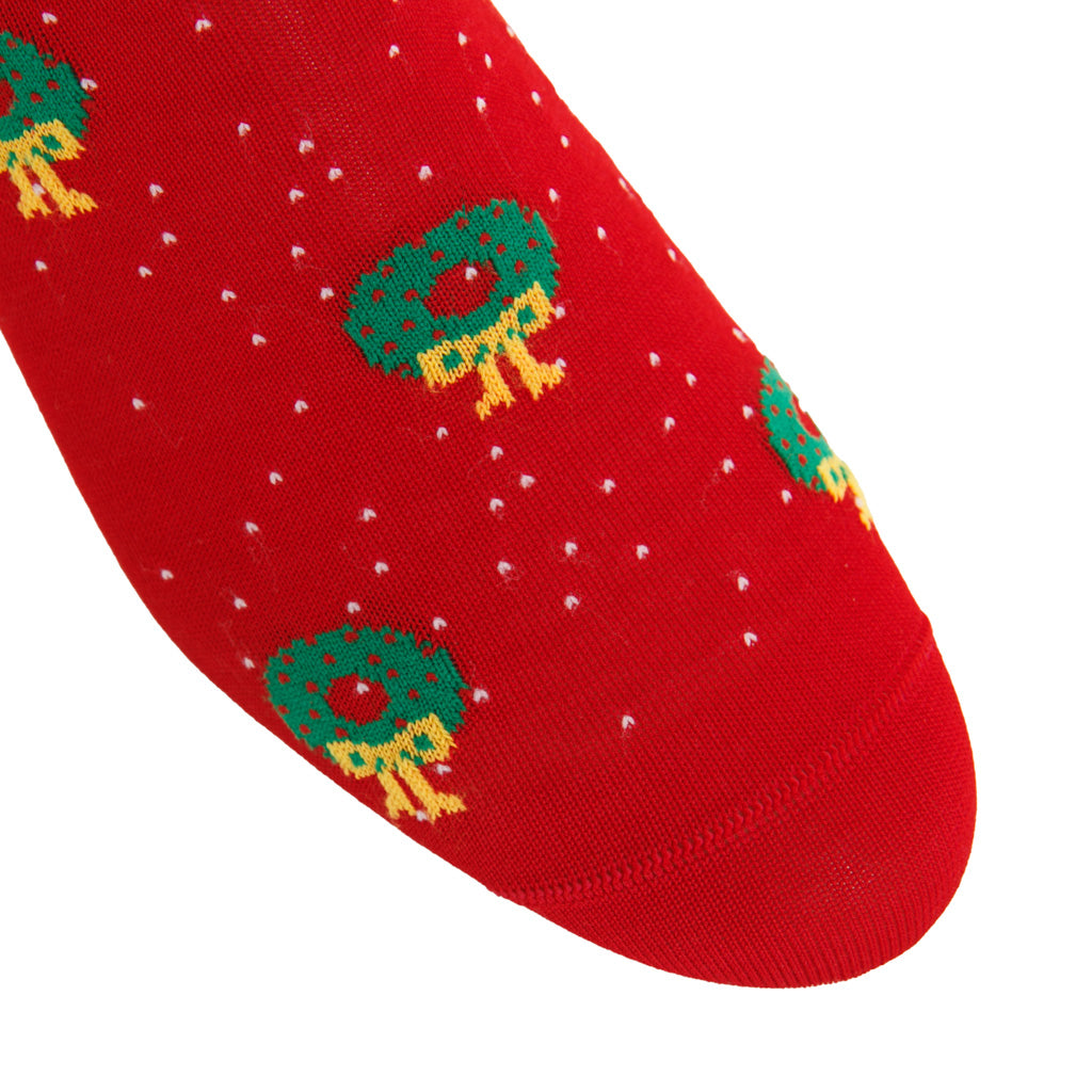 Red with Holiday Wreaths &amp; White Pin Dots Cotton Over-the-Calf Sock