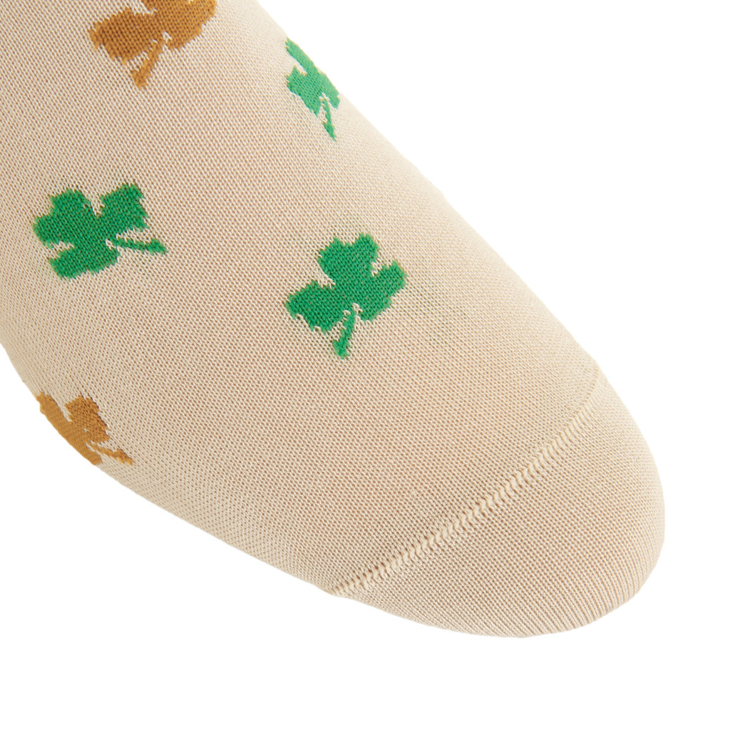 Tan with Green and Gold Shamrock Cotton Mid-Calf Sock