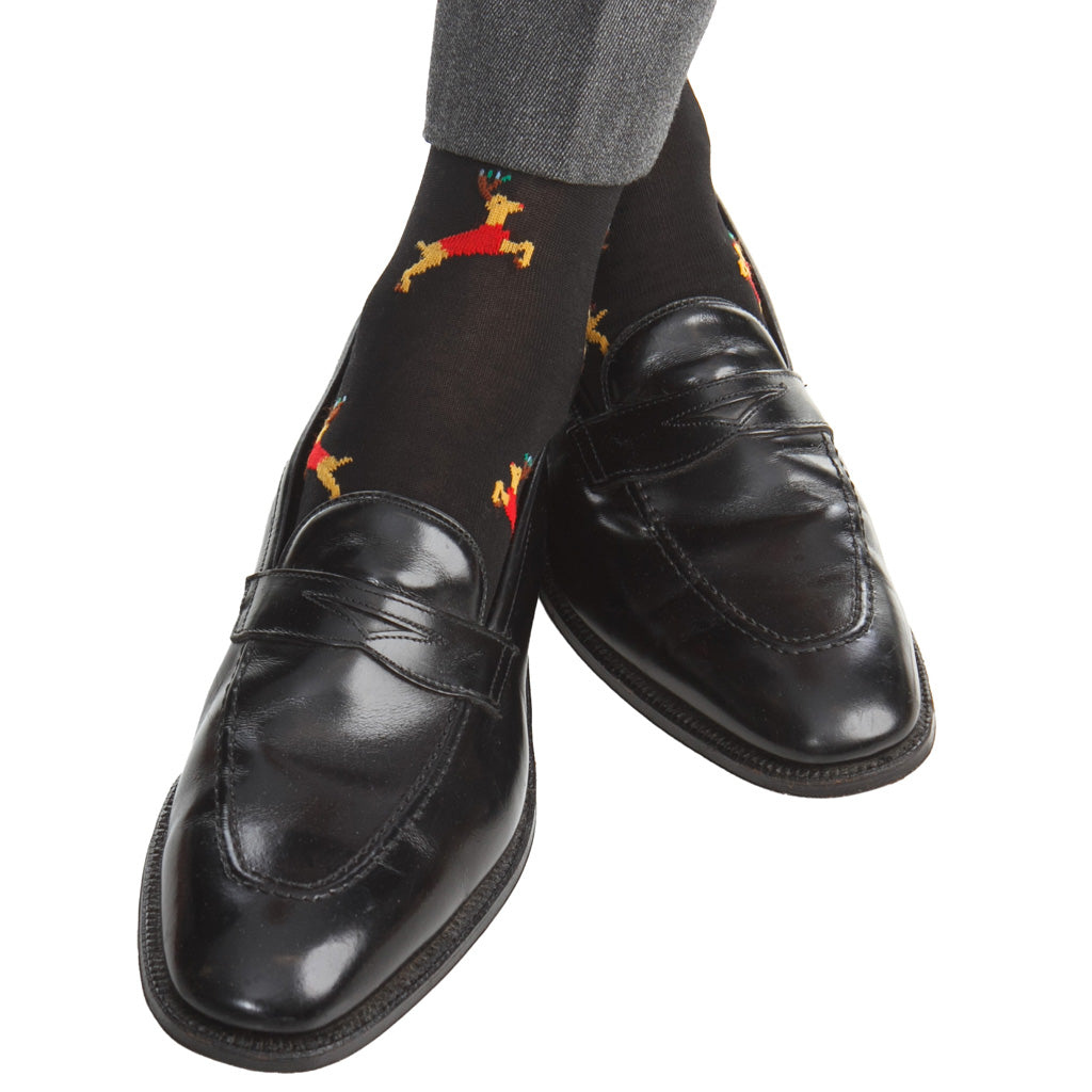 Black with Dashing Reindeer Cotton Over-the-Calf Sock