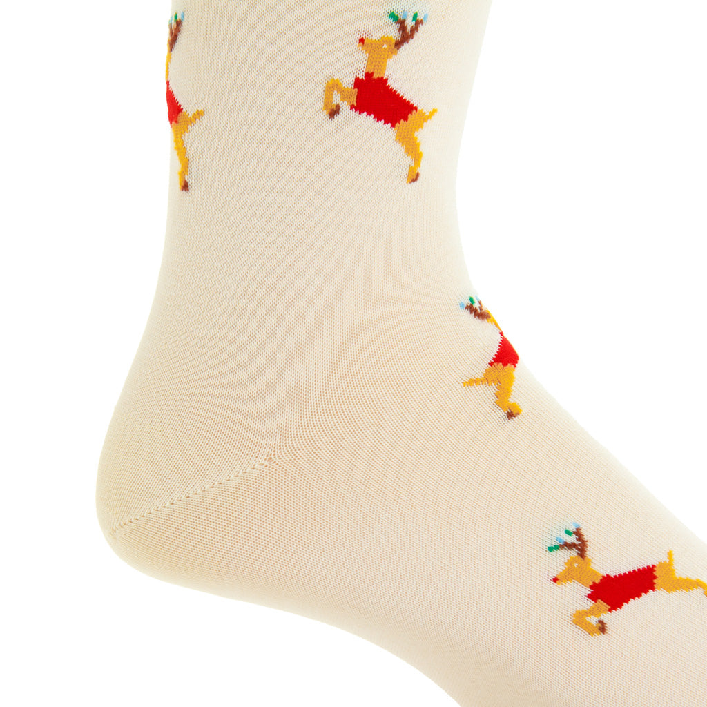 Cream with Dashing Reindeer Cotton Over-the-Calf Sock