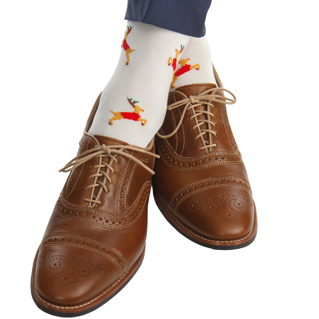 Cream with Dashing Reindeer Cotton Over-the-Calf Sock