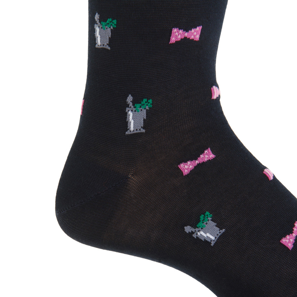 Navy with Rose &amp; Pink Bowties and Mint Juleps Cotton Mid-Calf Sock