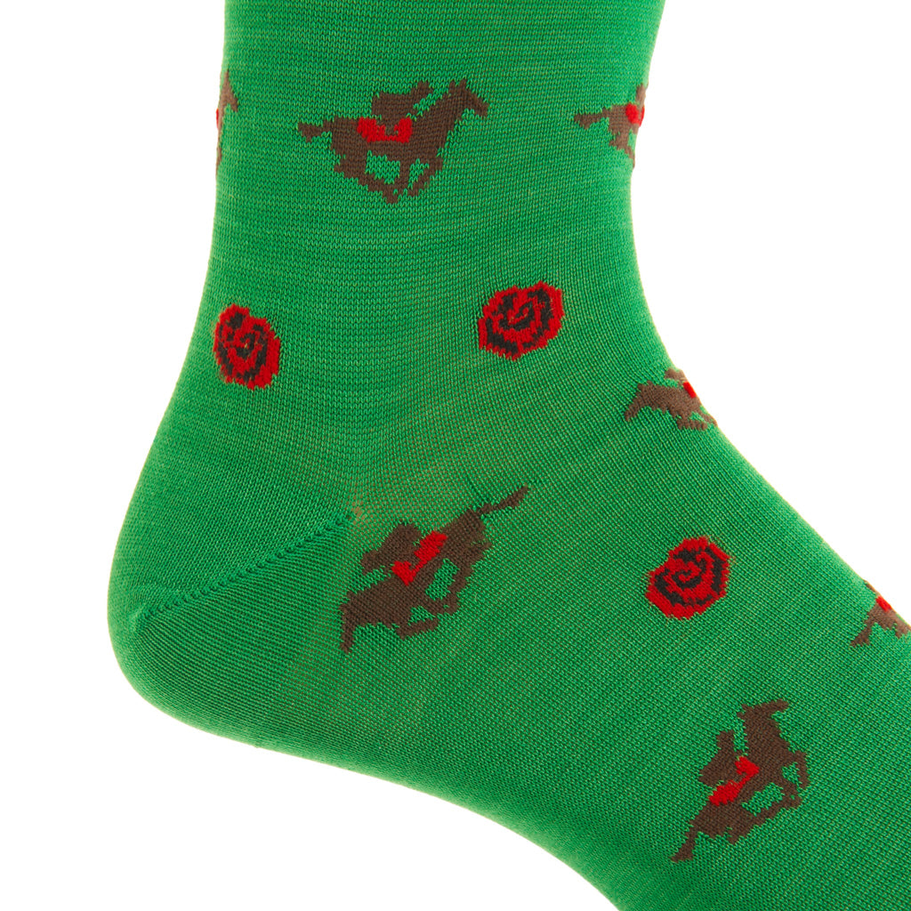 Green with Red Rose and Horse Jockey Cotton Mid-Calf Sock