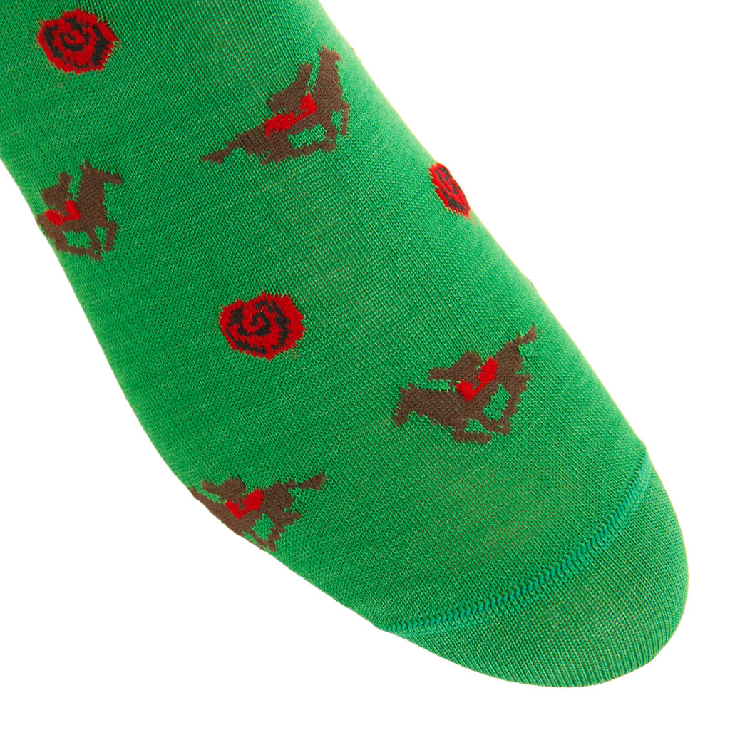 Green with Red Rose and Horse Jockey Cotton Mid-Calf Sock