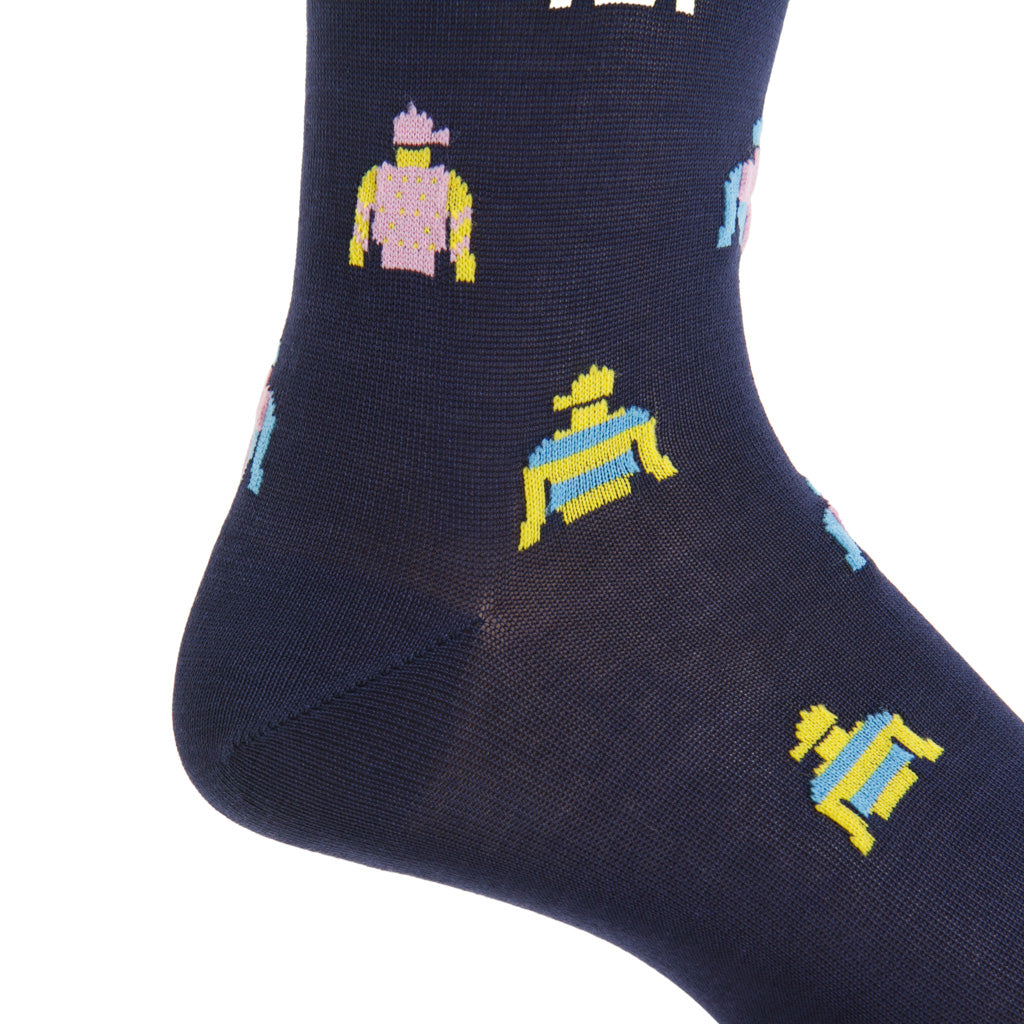 Classic Navy with Pink, Azure, &amp; Lemon Jockey Silks Cotton Mid-Calf Sock