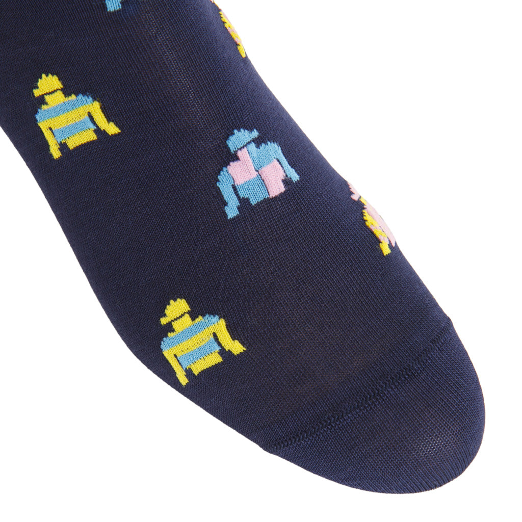 Classic Navy with Pink, Azure, &amp; Lemon Jockey Silks Cotton Mid-Calf Sock