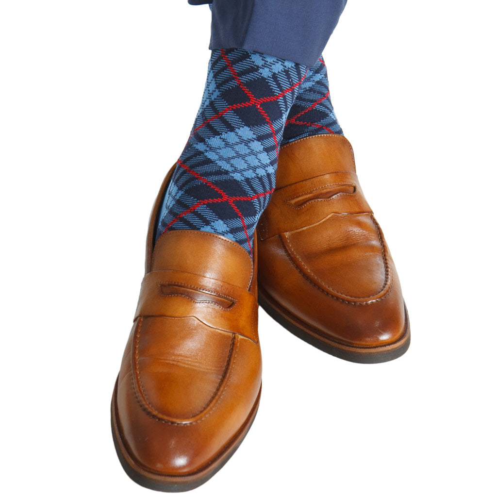 Azure with Classic Navy and Red Tartan with Navy Tipping Cotton Sock L Dapper Classics Azure with Classic Navy and Red Tartan with Navy Tipping Cotton Sock L Dapper Classics