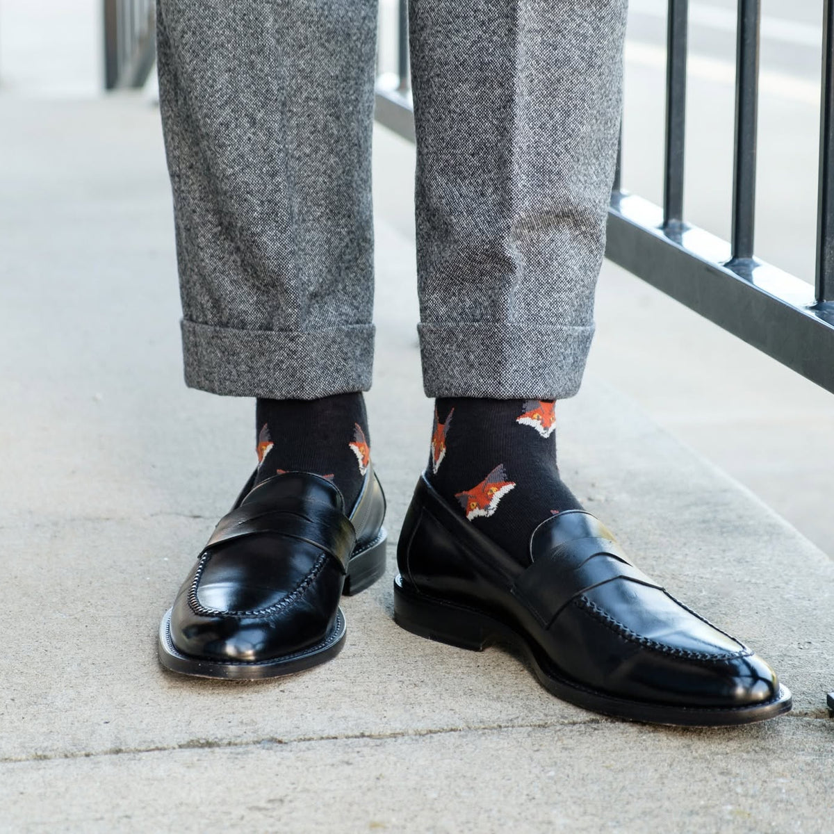 Black with Burnt Orange, Cream, Gold, and Charcoal Fox Fine Merino Wool Mid-Calf Sock