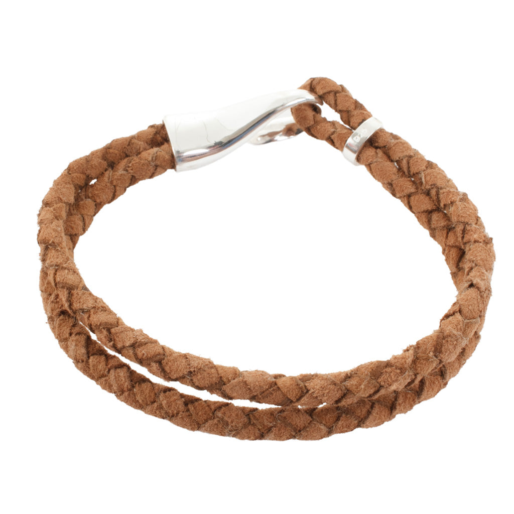 Saddle Suede Leather Double Cuff with Sterling Silver Hook Clasp Bracelet