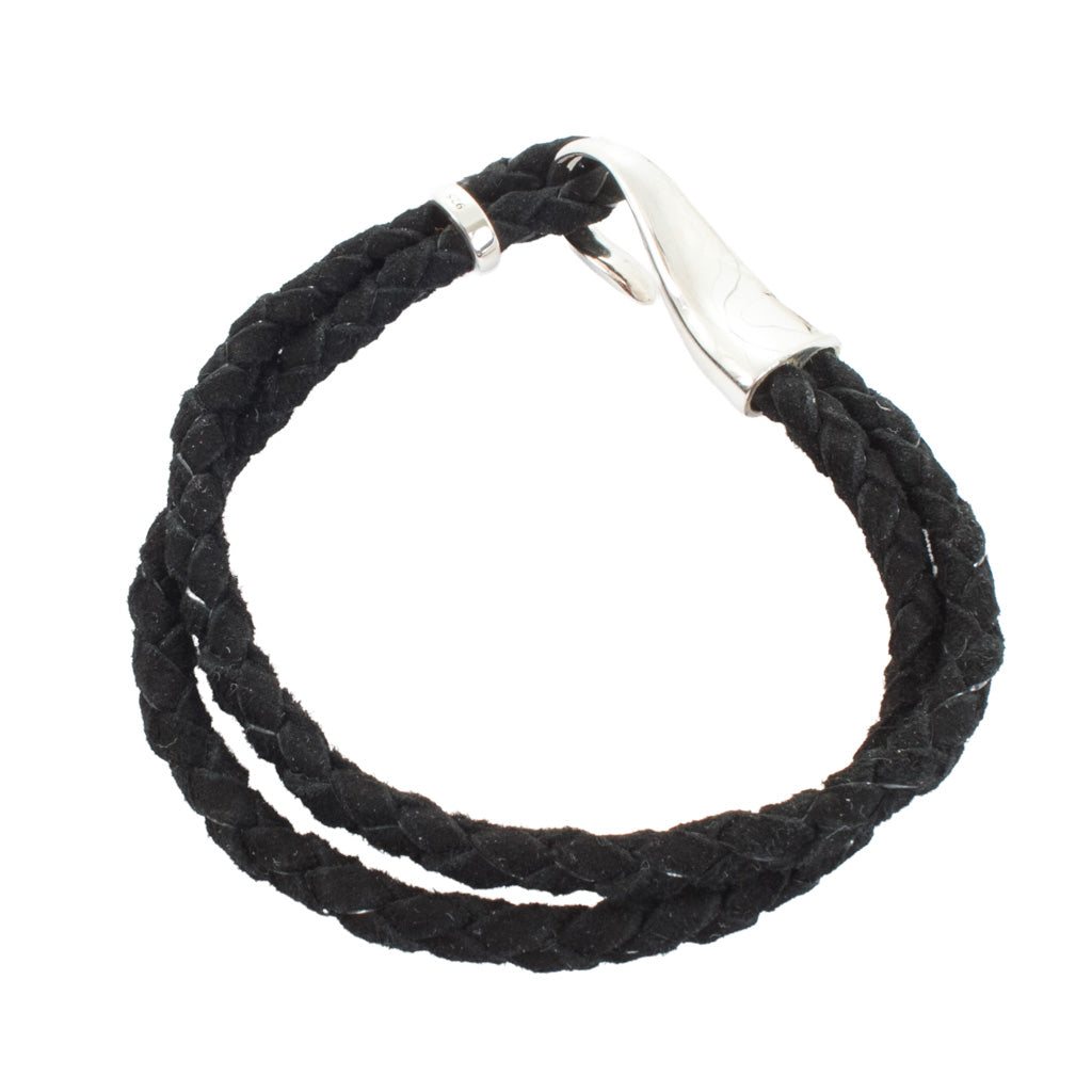 Jet Black Suede Leather Double Cuff with Sterling Silver Hook Clasp Bracelet