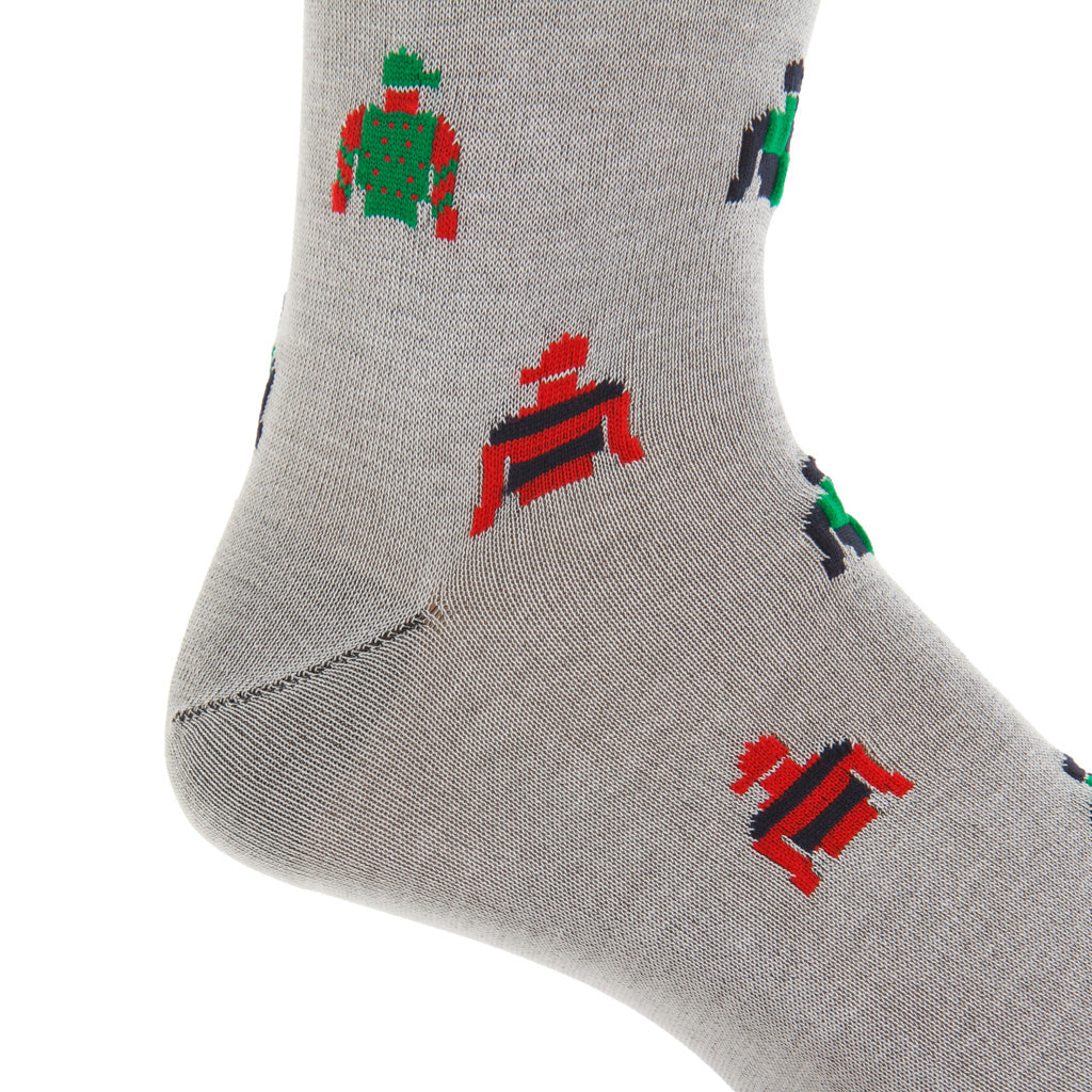 Mélange Gray with Green, Red, &amp; Navy Jockey Silks Cotton Mid-Calf Sock