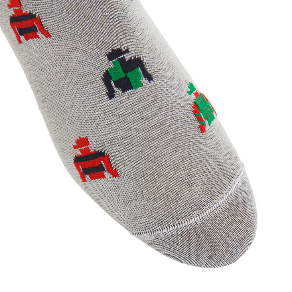 Mélange Gray with Green, Red, &amp; Navy Jockey Silks Cotton Mid-Calf Sock