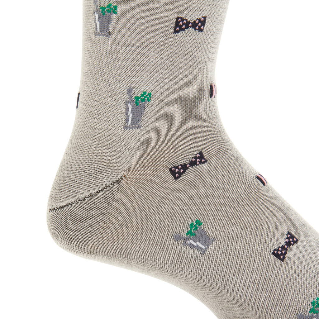 Mélange Gray with Navy &amp; Pink Bowties and Mint Juleps Cotton Mid-Calf Sock