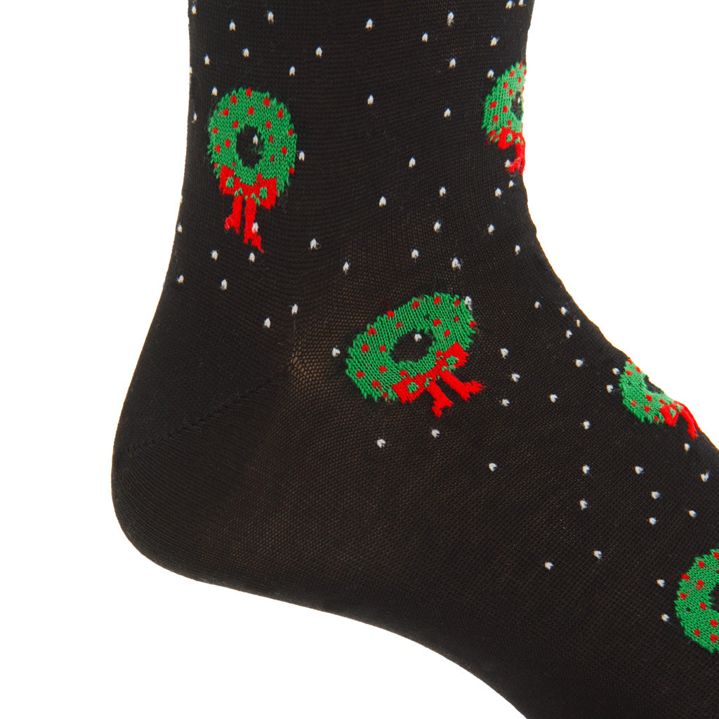 Black with Holiday Wreaths &amp; White Pin Dots Cotton Over-the-Calf Sock