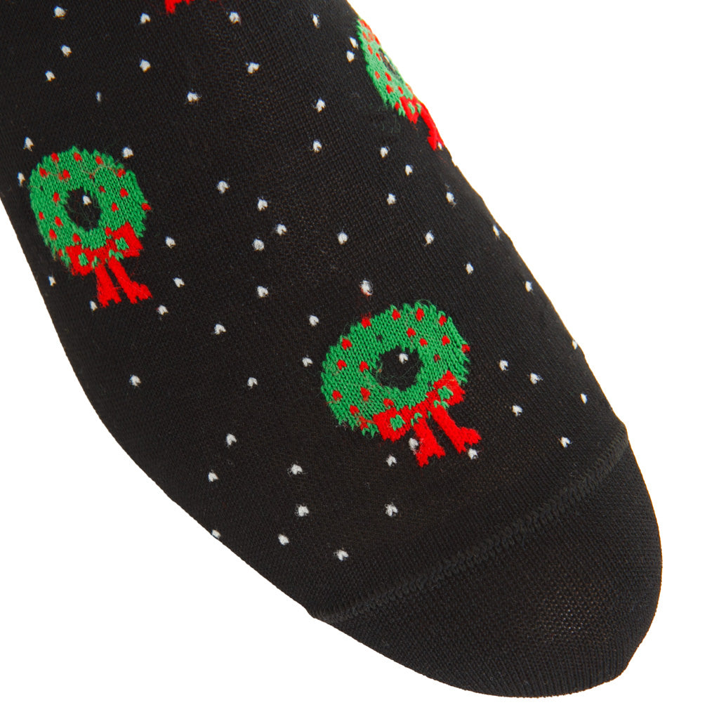Black with Holiday Wreaths &amp; White Pin Dots Cotton Over-the-Calf Sock