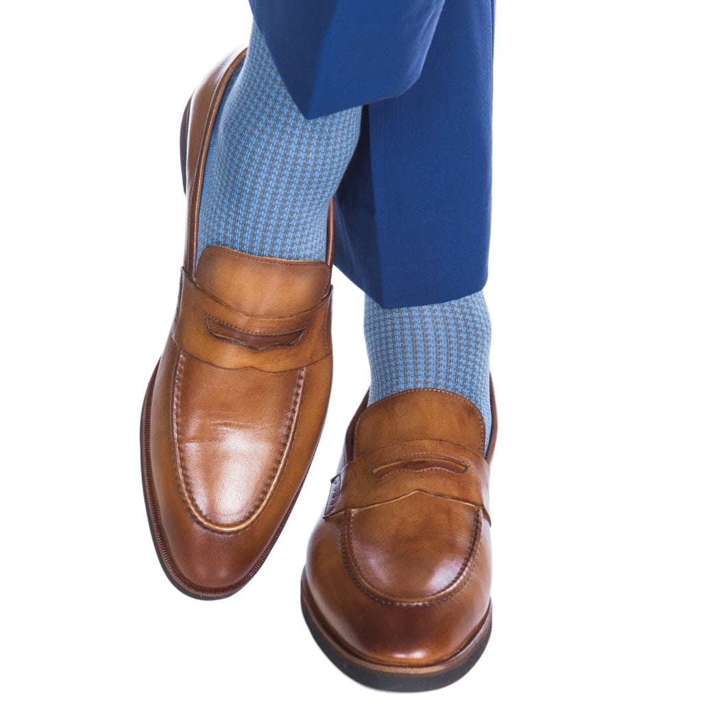 USA-Made-Azure-Blue-Steel-Gray-Houndstooth-Cotton-Sock