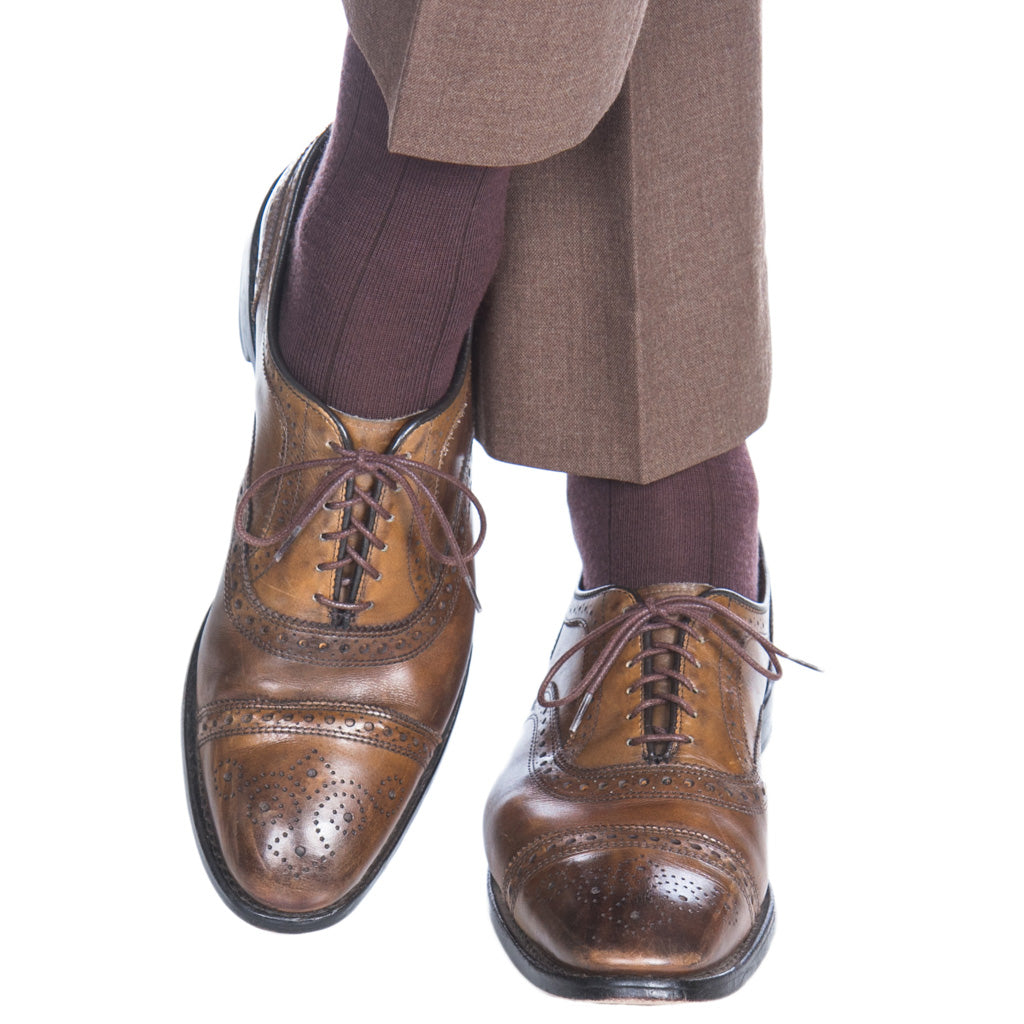 Coffee Brown Solid Wide Ribbed  Fine Merino Wool  Crew Boot Sock