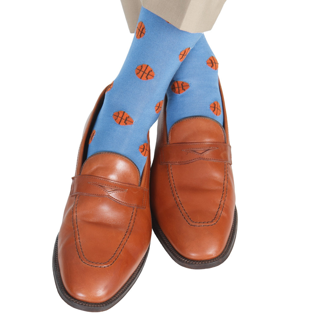 Azure with Burnt Orange Basketball Cotton Sock Linked Toe OTC Azure with Burnt Orange Basketball Cotton Sock Linked Toe OTC