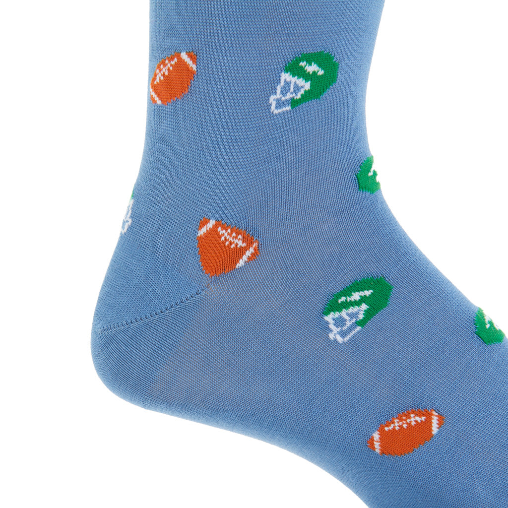 Azure with Green Helmet &amp; Footballs Cotton Mid-Calf Sock