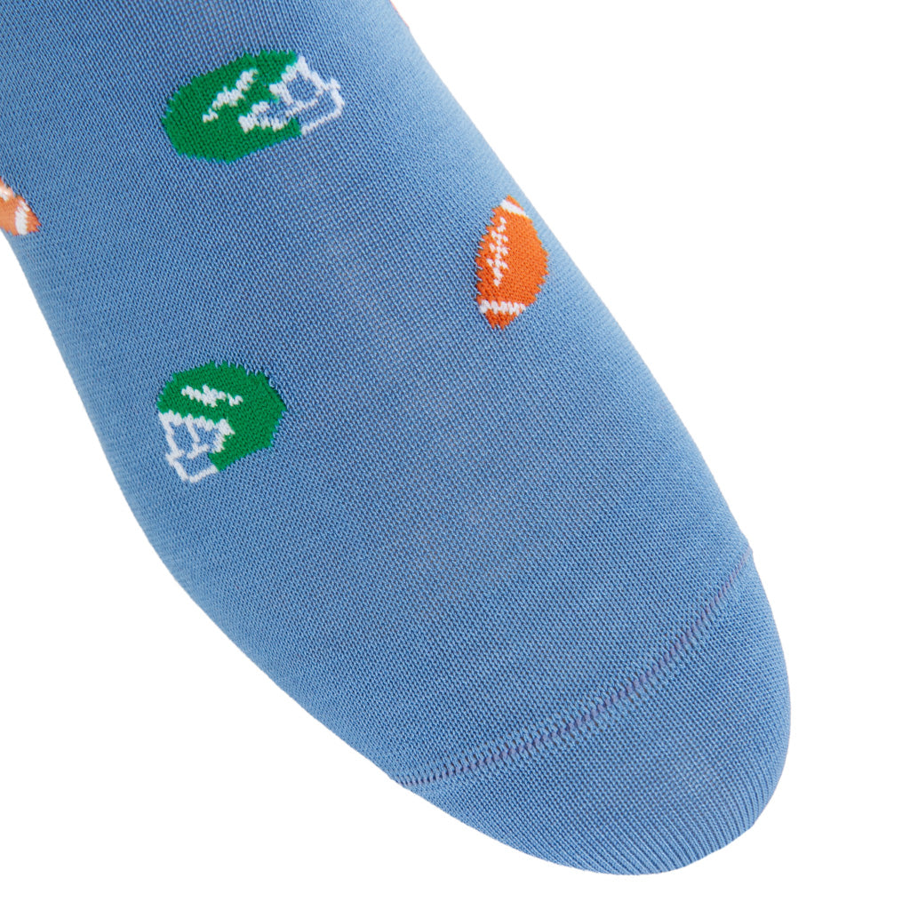 Azure with Green Helmet &amp; Footballs Cotton Mid-Calf Sock