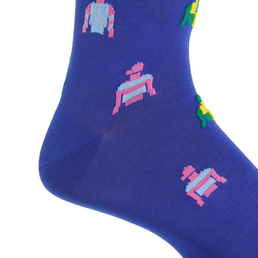 Clematis with Sky Blue, Rose, Green, &amp; Lemon Jockey Silks Cotton Mid-Calf Sock