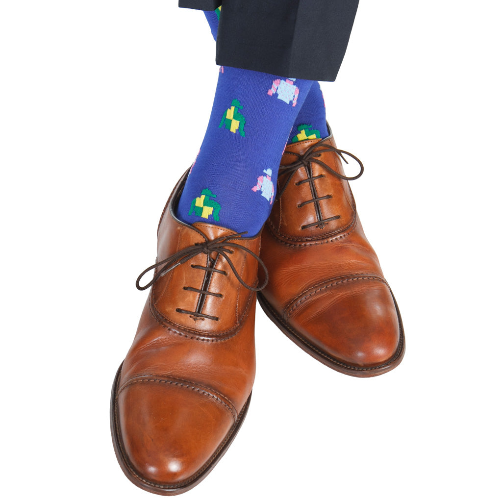 Clematis with Sky Blue, Rose, Green, & Lemon Jockey Silks Cotton Sock Linked Toe Mid-Calf Clematis with Sky Blue, Rose, Green, & Lemon Jockey Silks Cotton Sock Linked Toe Mid-Calf