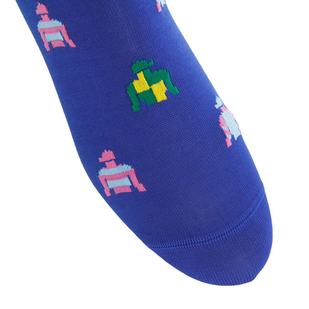 Clematis with Sky Blue, Rose, Green, &amp; Lemon Jockey Silks Cotton Mid-Calf Sock