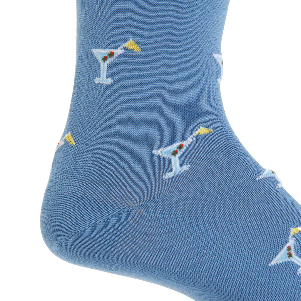 Azure with Olive &amp; Flag Martini Glass Cotton Mid-Calf Sock