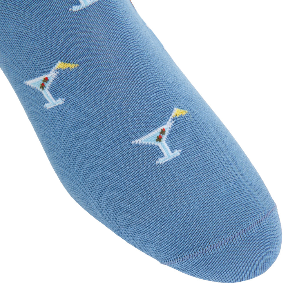 Azure with Olive &amp; Flag Martini Glass Cotton Mid-Calf Sock