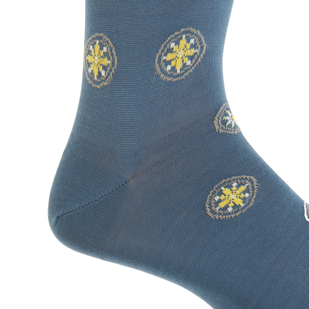 Indigo with Taupe, Cream, and Lemon Neat Medallions Cotton Over-the-Calf Sock