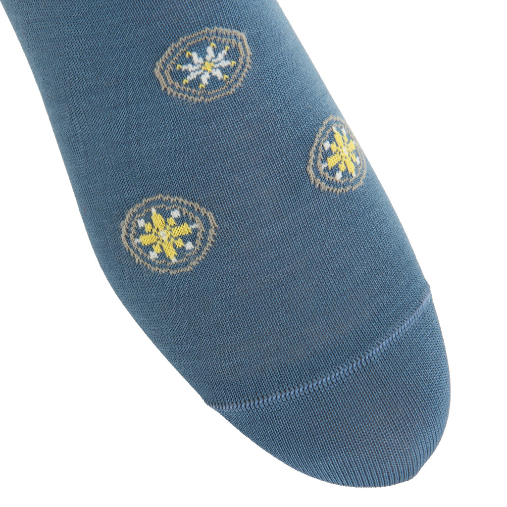 Indigo with Taupe, Cream, and Lemon Neat Medallions Cotton Over-the-Calf Sock