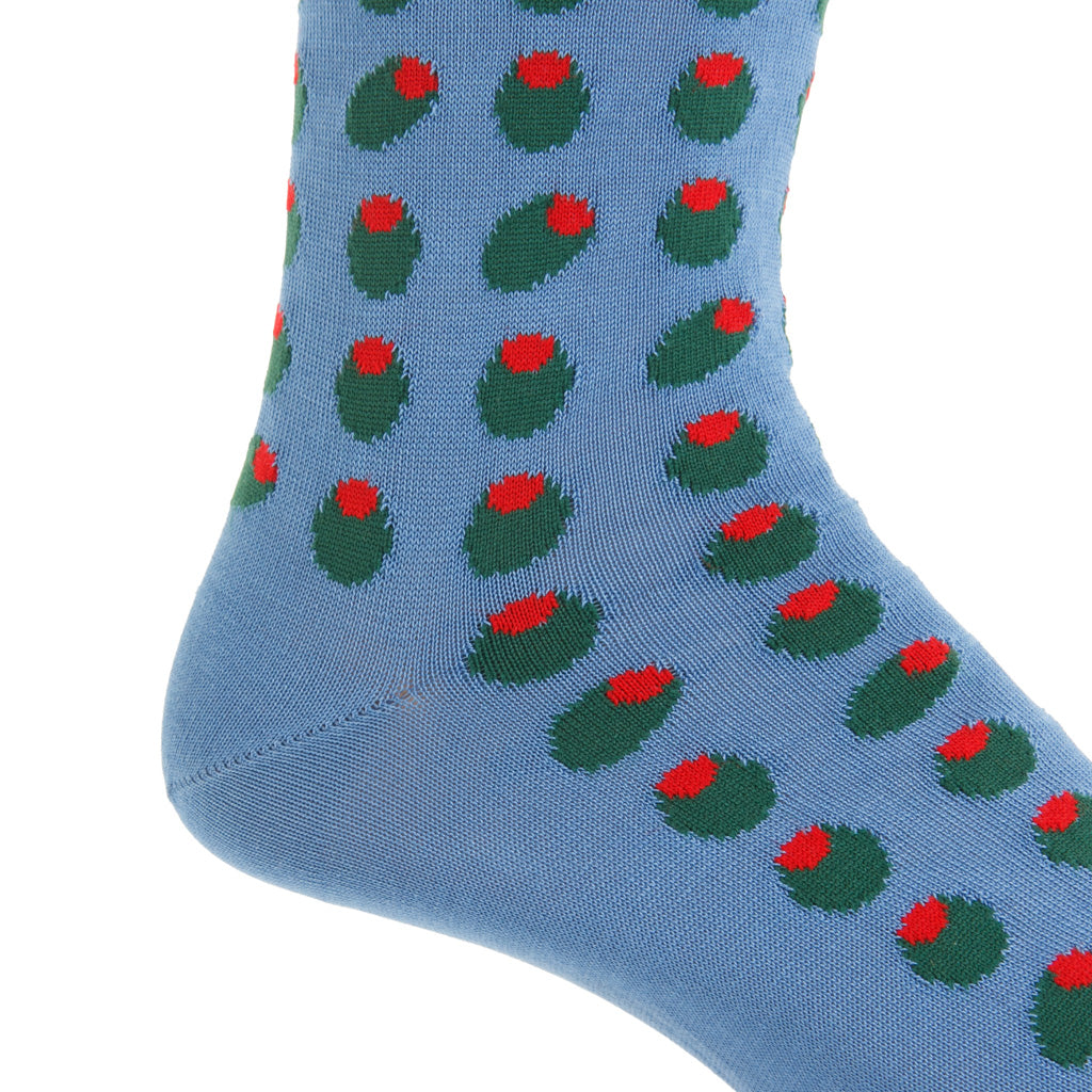 Azure with Forest Green and Red Olive Cotton Over-the-Calf Sock