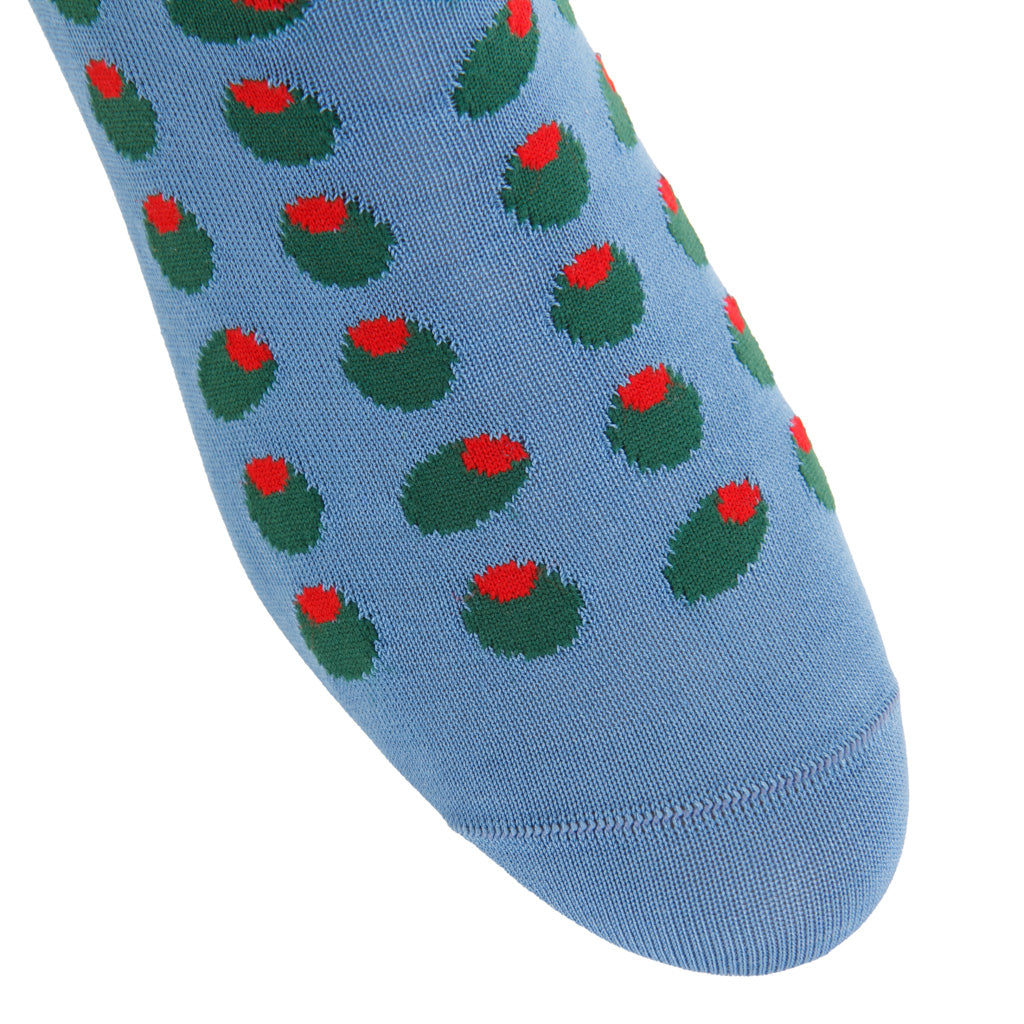 Azure with Forest Green and Red Olive Cotton Over-the-Calf Sock