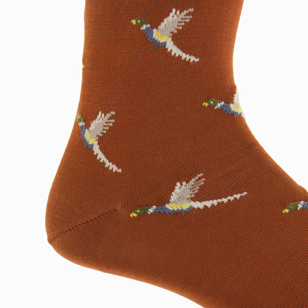 Whiskey Brown with Indigo Pheasant Cotton Mid-Calf Sock