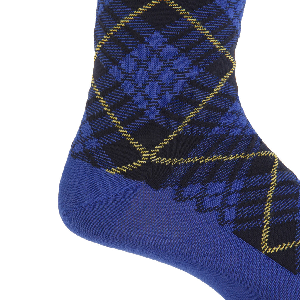 Clematis Blue with Navy and Yolk Tartan Cotton Over-the-Calf Sock