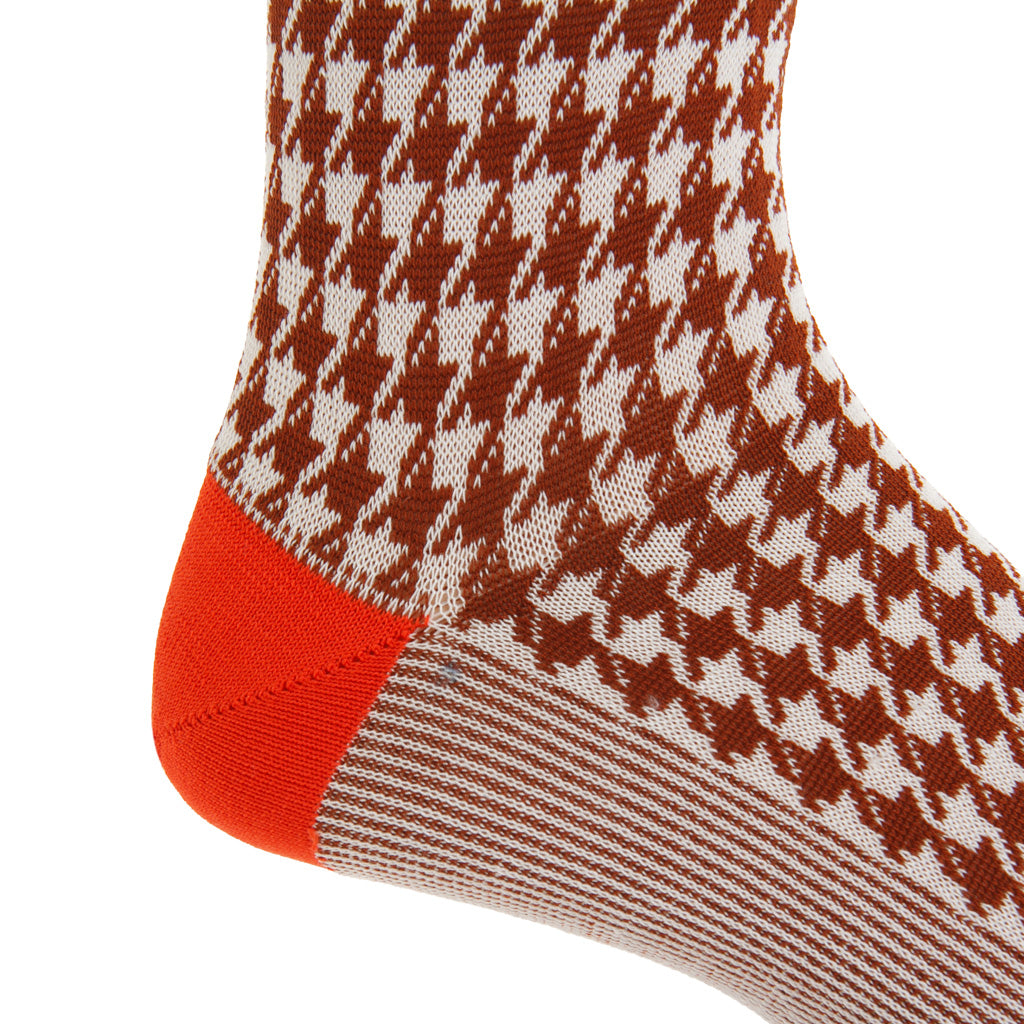 Whiskey Brown and Cream Large Houndstooth with Tigerlily Tipping Cotton Mid-Calf Sock