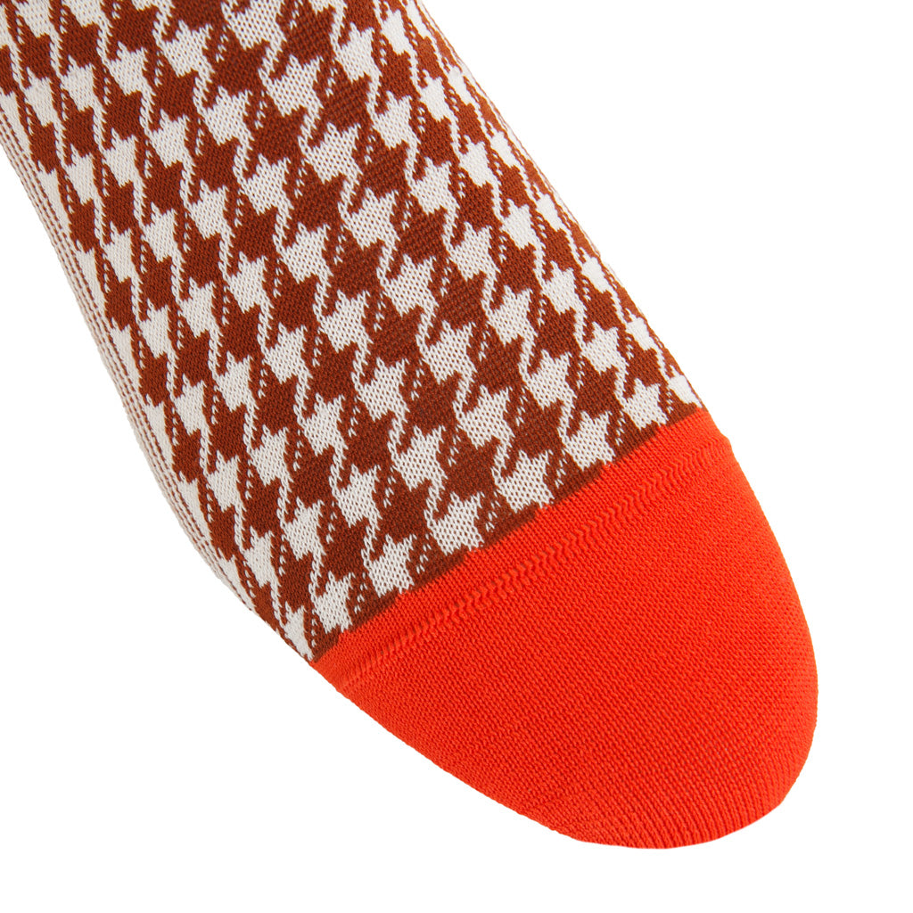 Whiskey Brown and Cream Large Houndstooth with Tigerlily Tipping Cotton Mid-Calf Sock