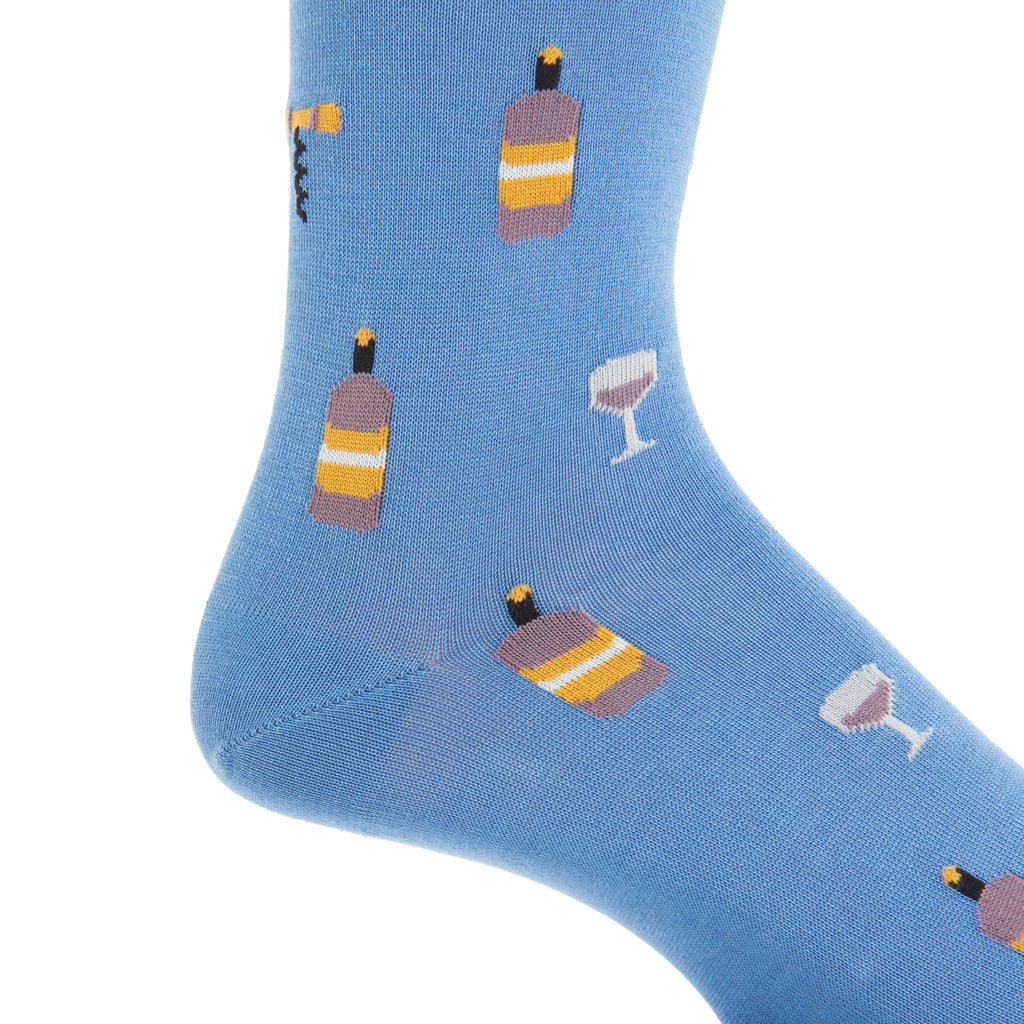 Azure with Wine Glass, Bottle, and Corkscrew Cotton Mid-Calf Sock